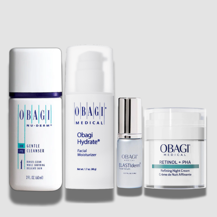 Obagi Complete Skincare Essentials Bundle - Gentle Cleanser + Hydrate + Retinol + PHA + ELASTIderm Serum FREE