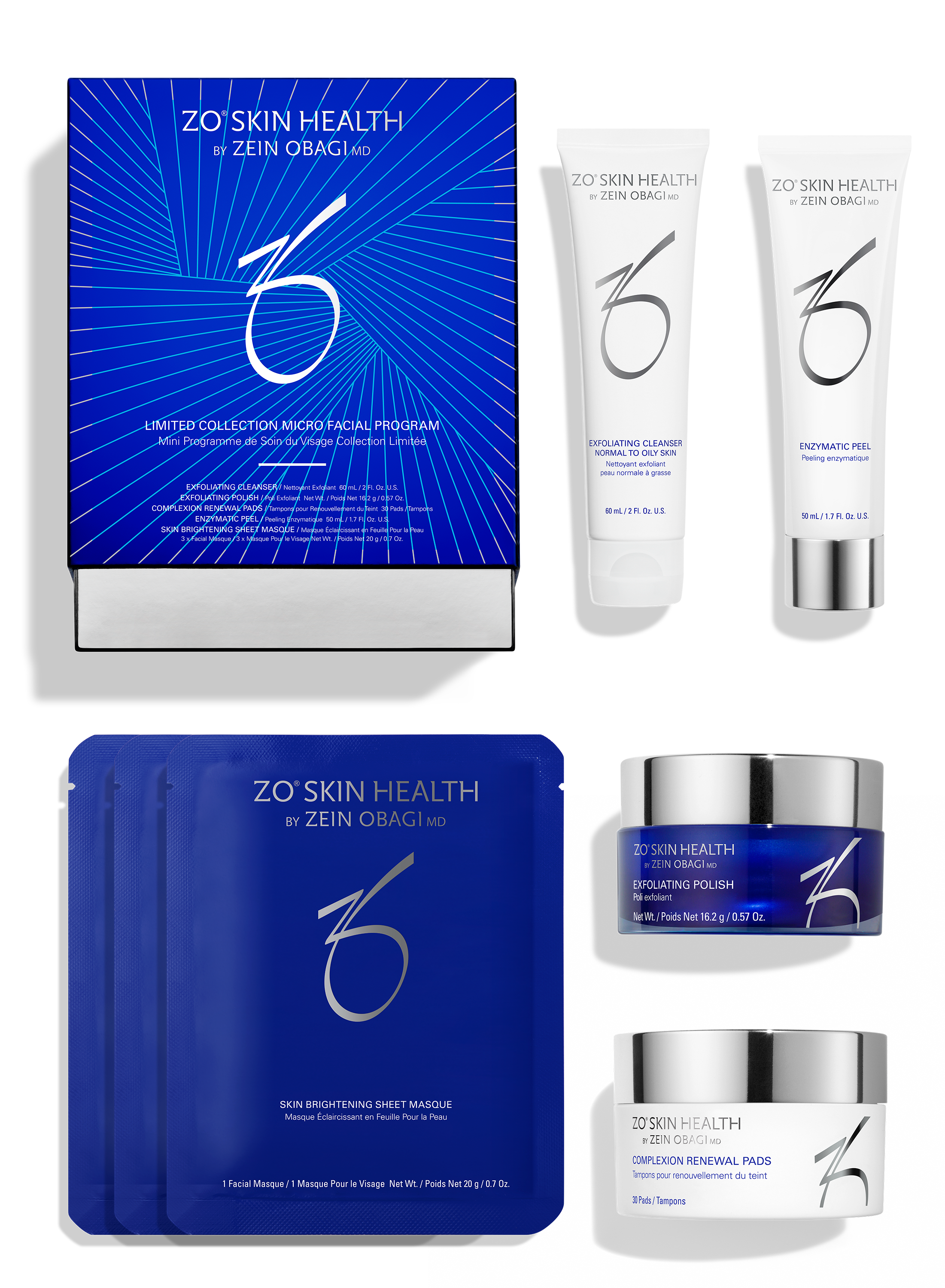A collection of ZO Skin Health micro facial program products displayed, including cleanser, polish, pads, peel, and masks.